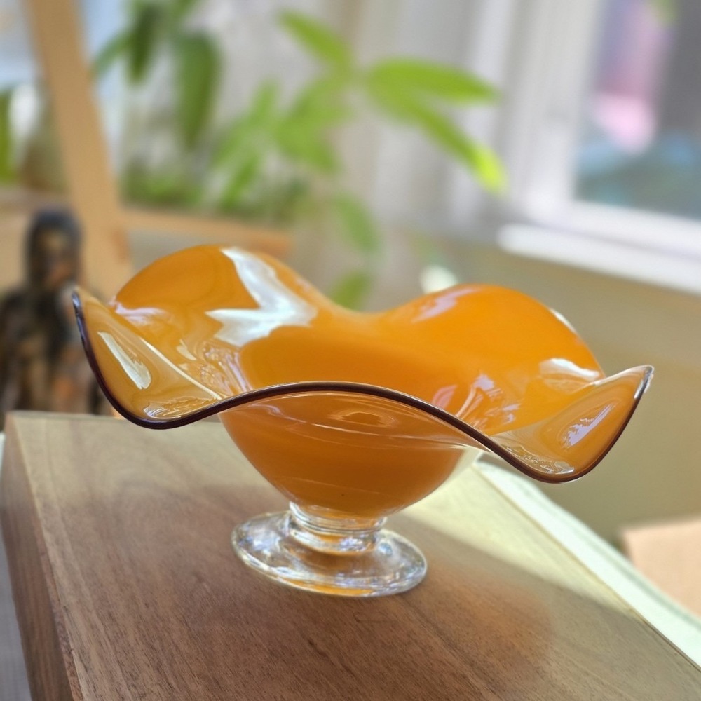 Vintage Teleflora Orange Art Glass Ruffled Pedestal Bowl MCM Tango Compote 10"